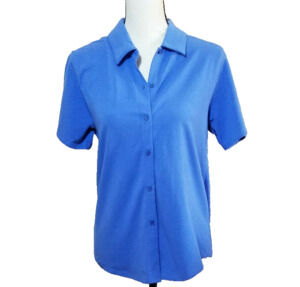 August Silk Top Small Womens Blue Button Down Polo Knit Cotton Short Sleeve